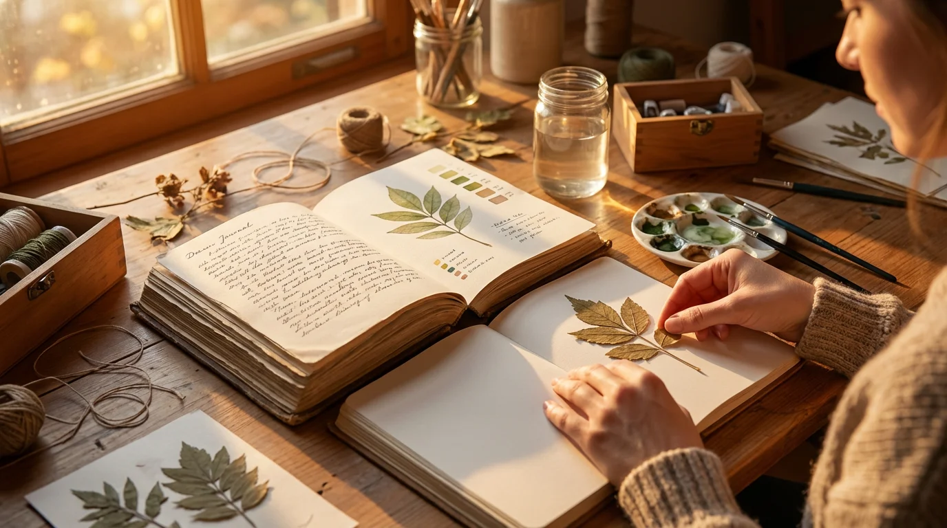 Open journal with a watercolor leaf sketch and art supplies on a sunlit table.