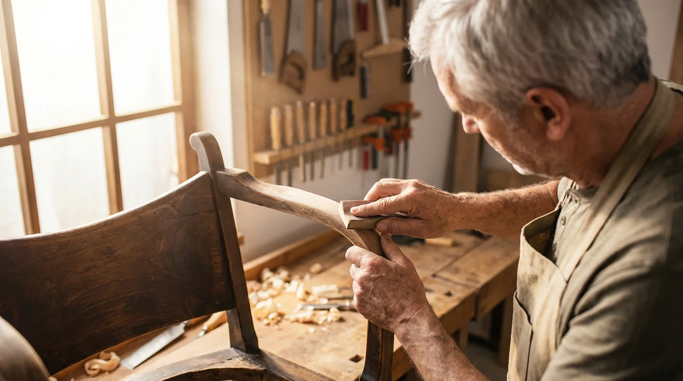 Over-the-shoulder photo of a senior man restoring a vintage chair in his sunlit workshop.