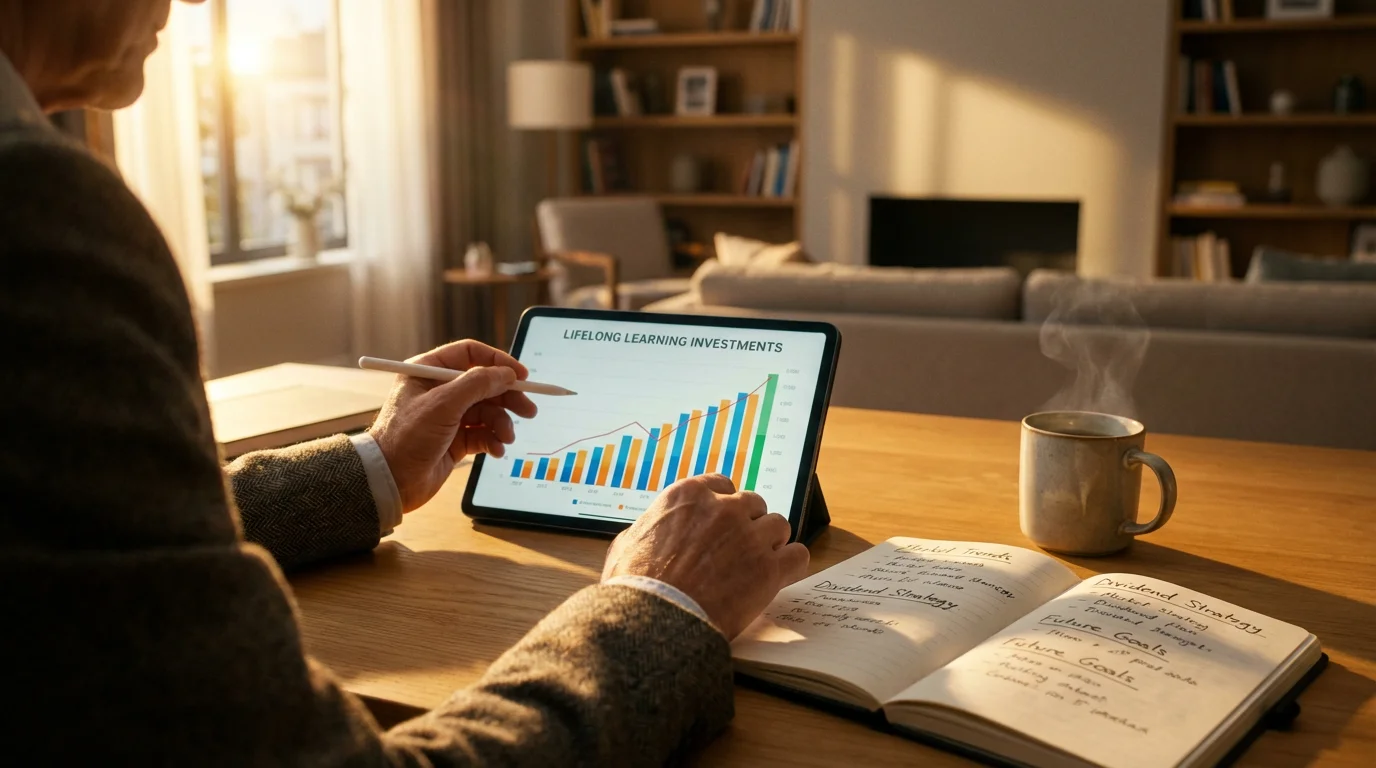 Over-the-shoulder shot of a person analyzing financial data on a tablet during golden hour.