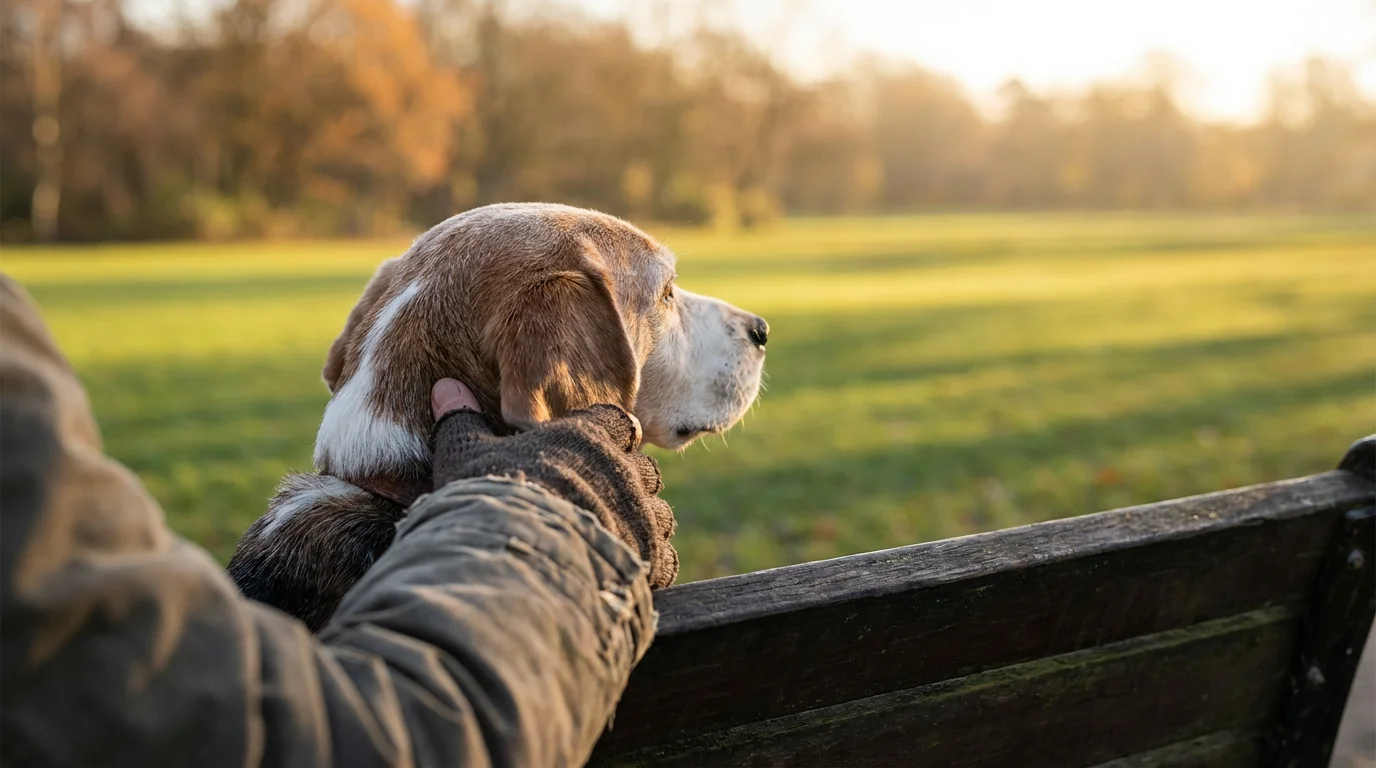 Over-the-shoulder shot of a person's hand petting a senior Beagle dog on a park bench.