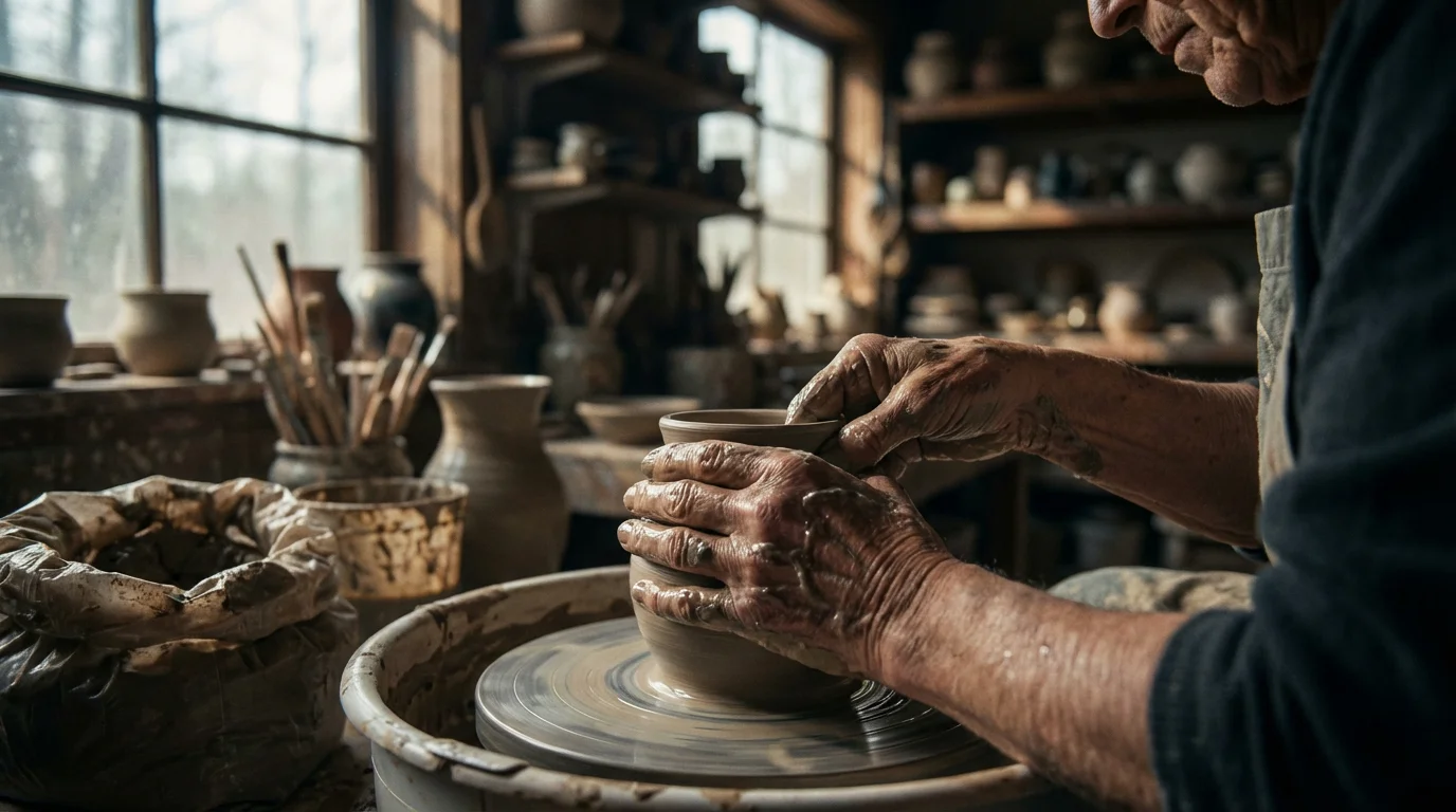 Over-the-shoulder shot of a senior person's hands shaping wet clay on a pottery wheel.