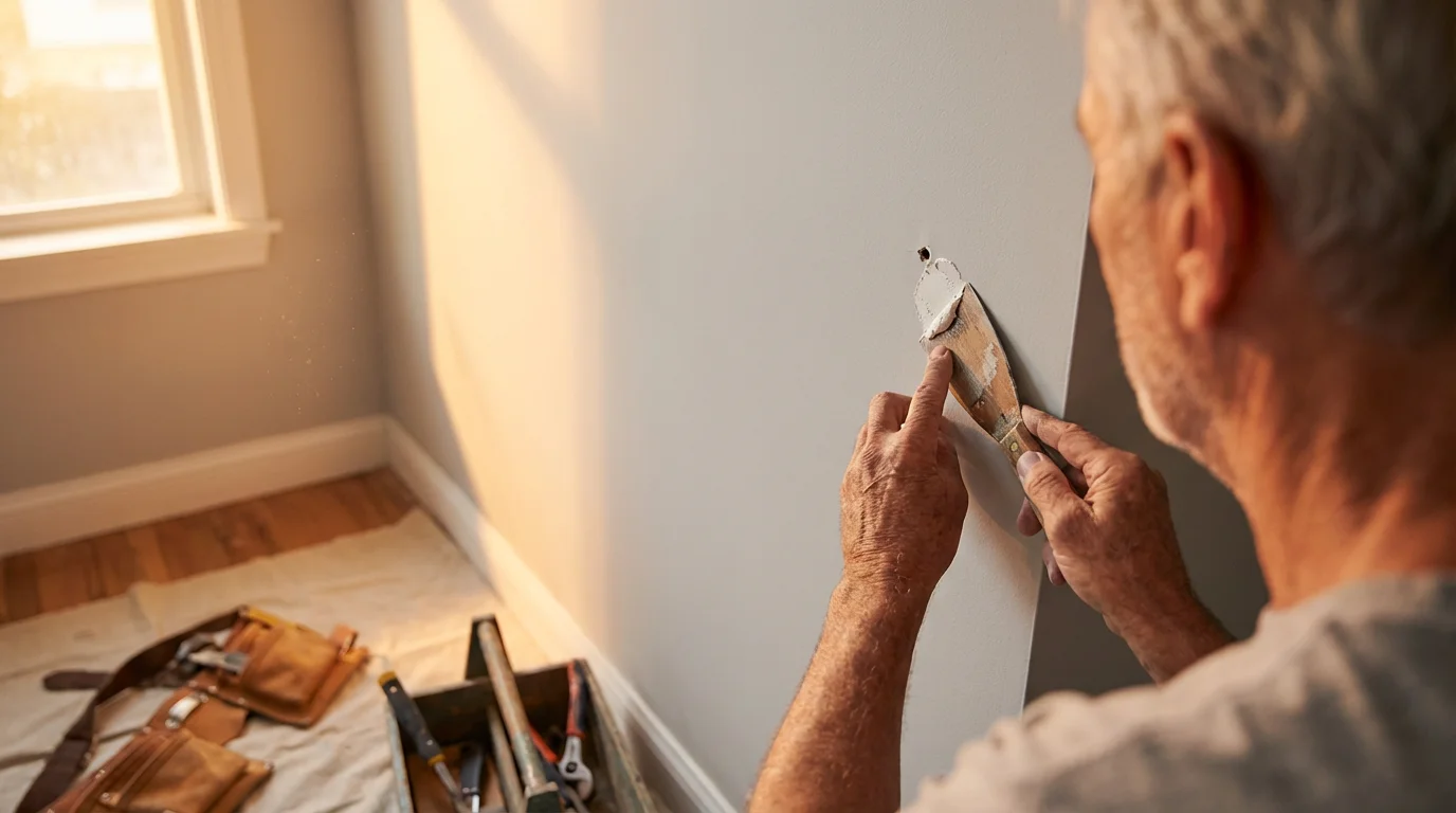 Over-the-shoulder shot of a senior person's hands patching a small nail hole.
