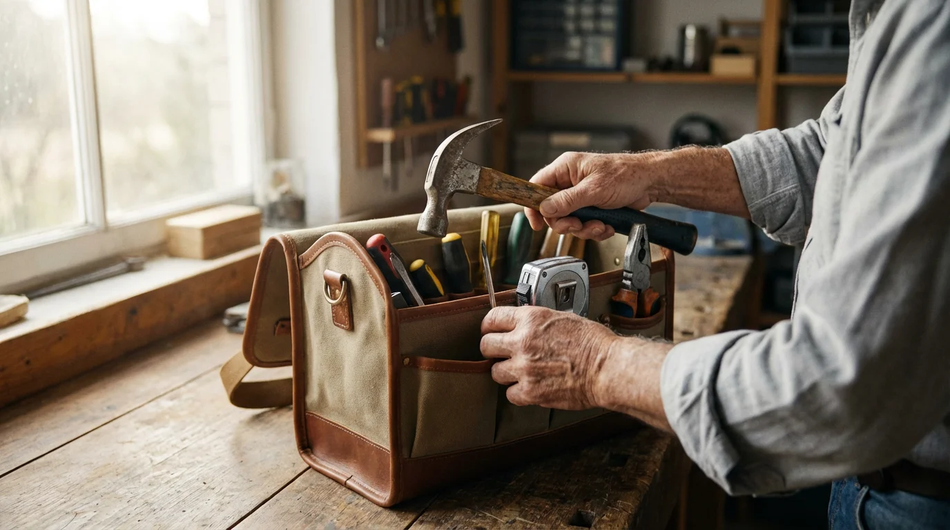 Over-the-shoulder shot of hands organizing a basic toolkit on a sunlit workbench.