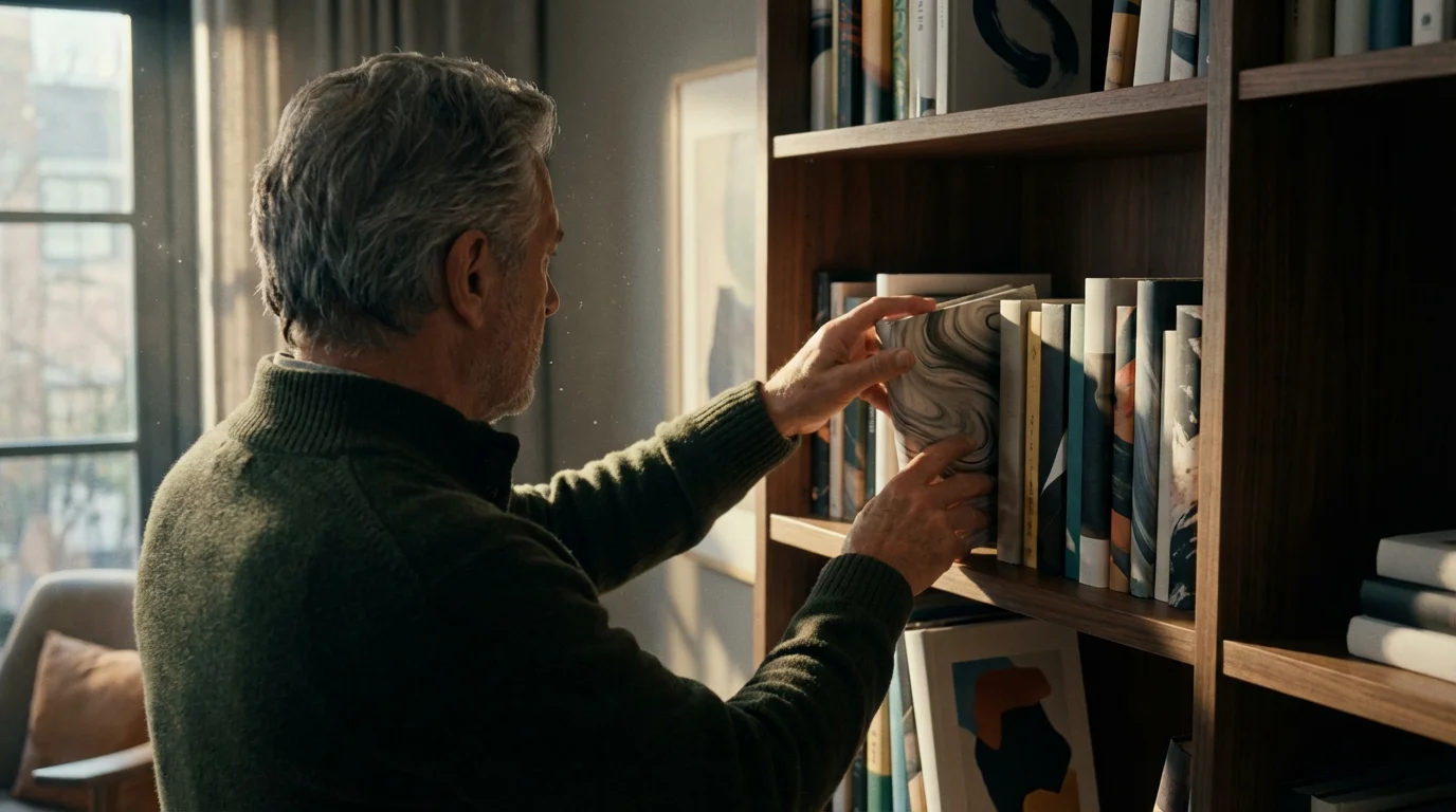 Over-the-shoulder view of a man arranging books with abstract covers on a wooden shelf.