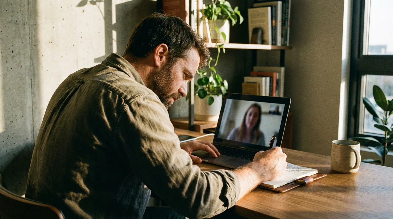 Over-the-shoulder view of a man at a desk taking notes during a video call.
