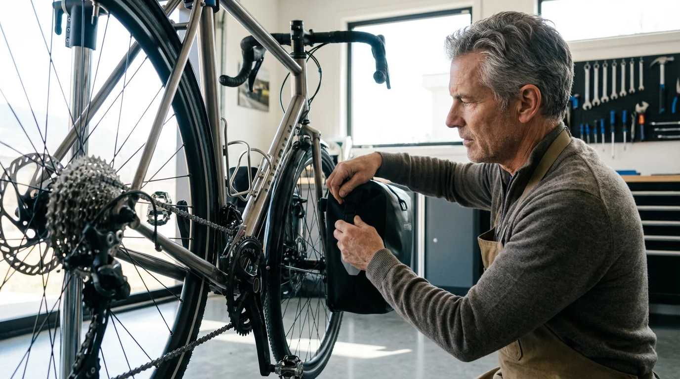 Over-the-shoulder view of a man preparing his touring bicycle in a sunlit garage.