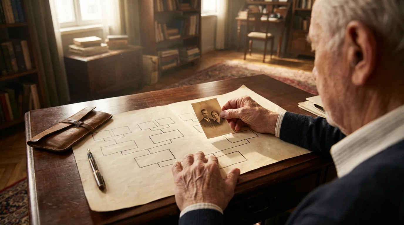 Over-the-shoulder view of a man's hands arranging old photographs on a family tree chart.