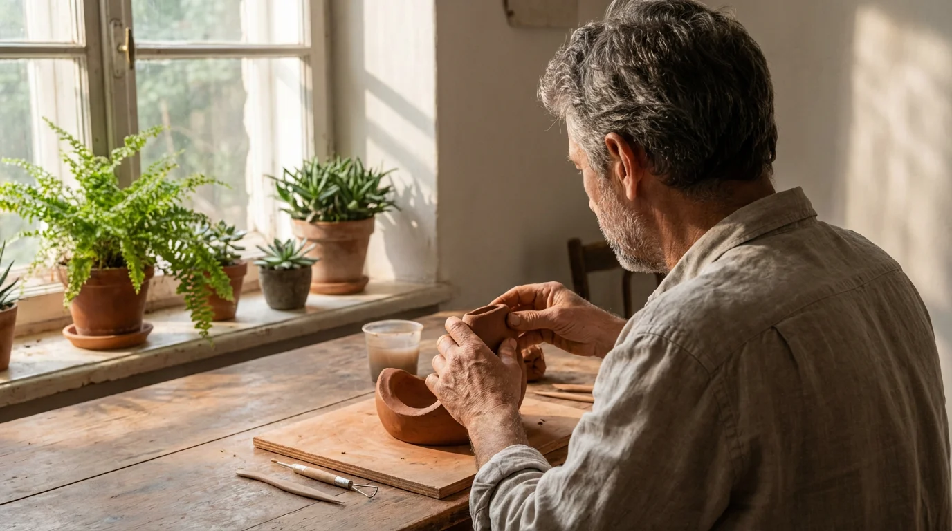 Over-the-shoulder view of a man's hands sculpting an abstract shape from reddish-brown clay.