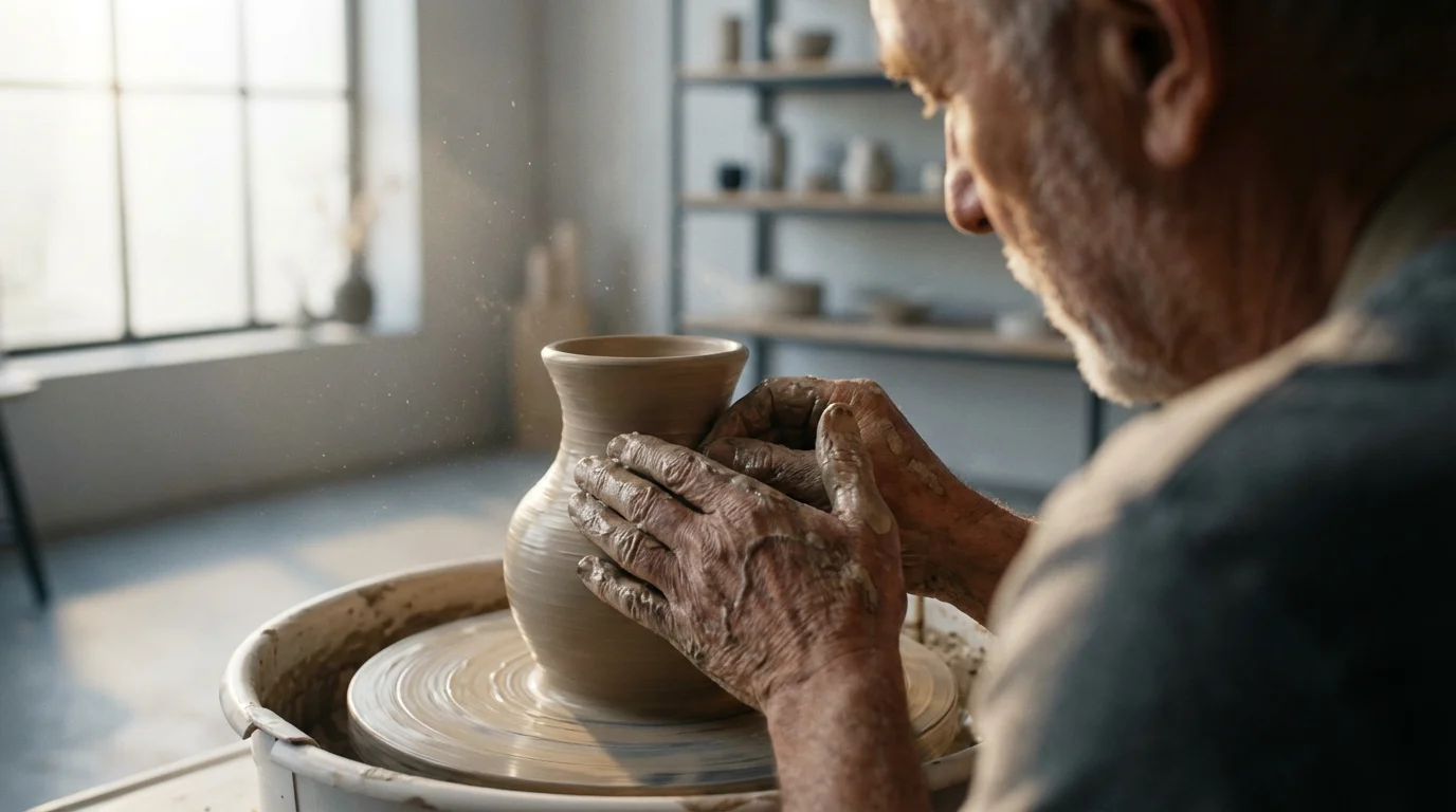 Over-the-shoulder view of a man's hands shaping clay on a potter's wheel.