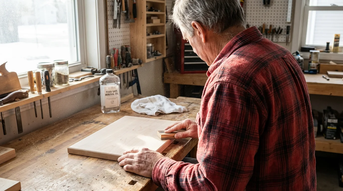 Over-the-shoulder view of a person sanding a small wooden cutting board on a workbench.