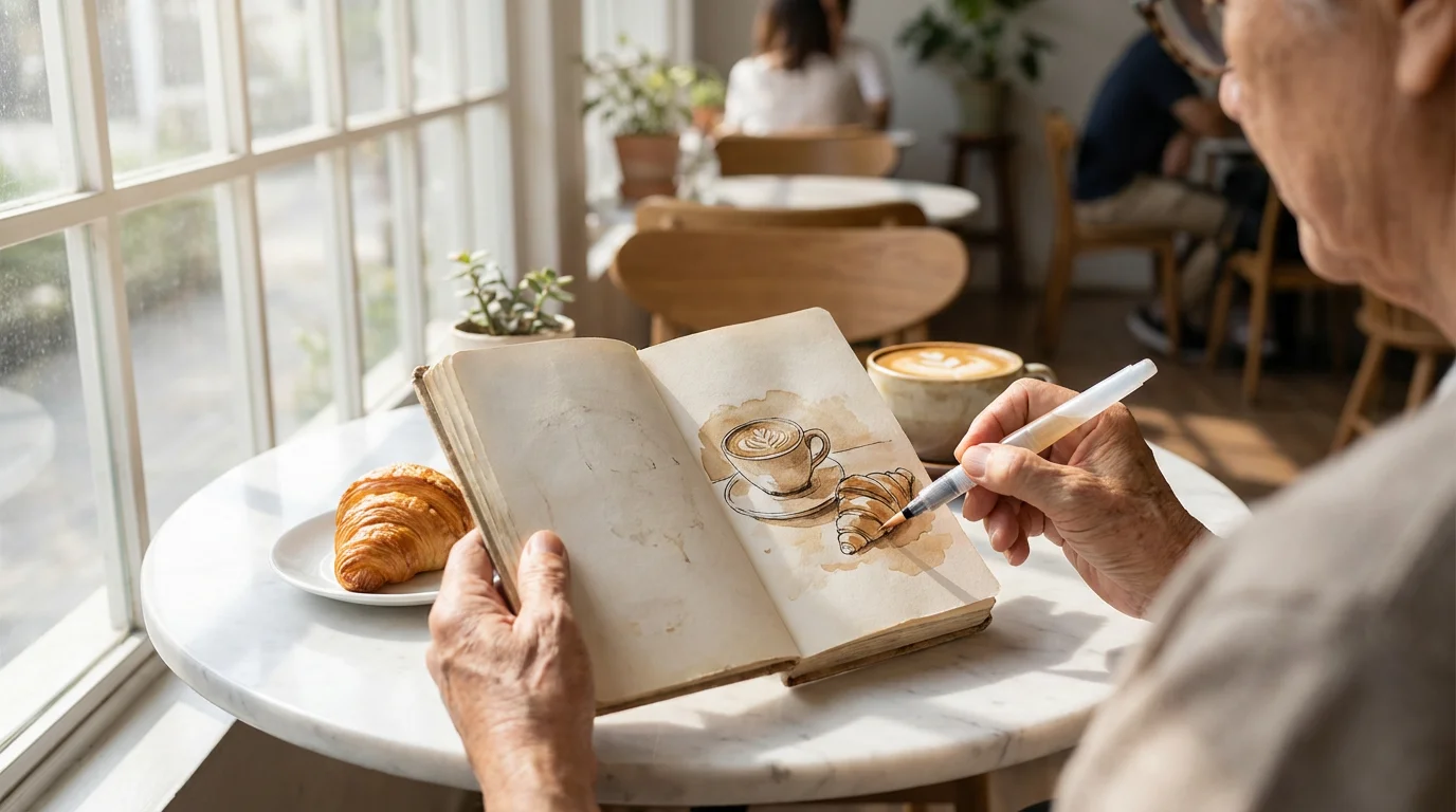 Over-the-shoulder view of a person sketching a coffee and croissant in a sketchbook.