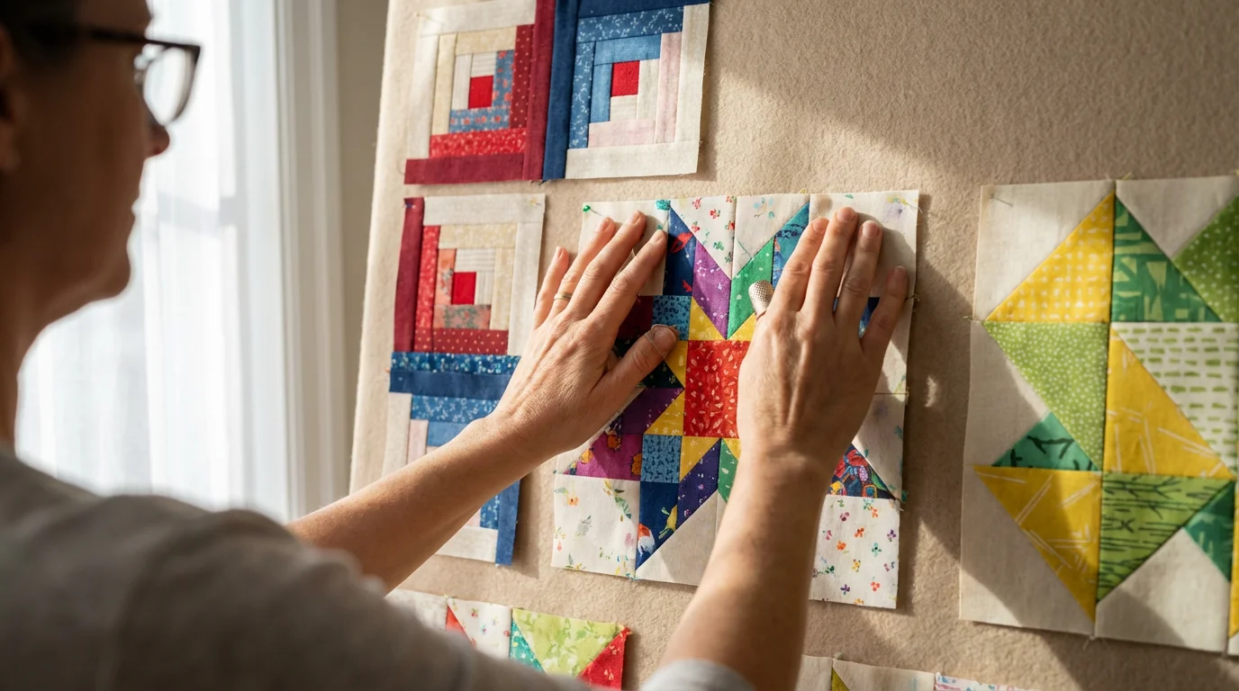 Over-the-shoulder view of a quilter arranging colorful patterned quilt blocks on a design wall.