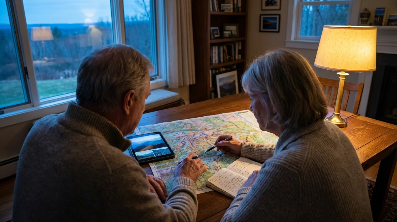 Over-the-shoulder view of a senior couple planning their next adventure with a large map.