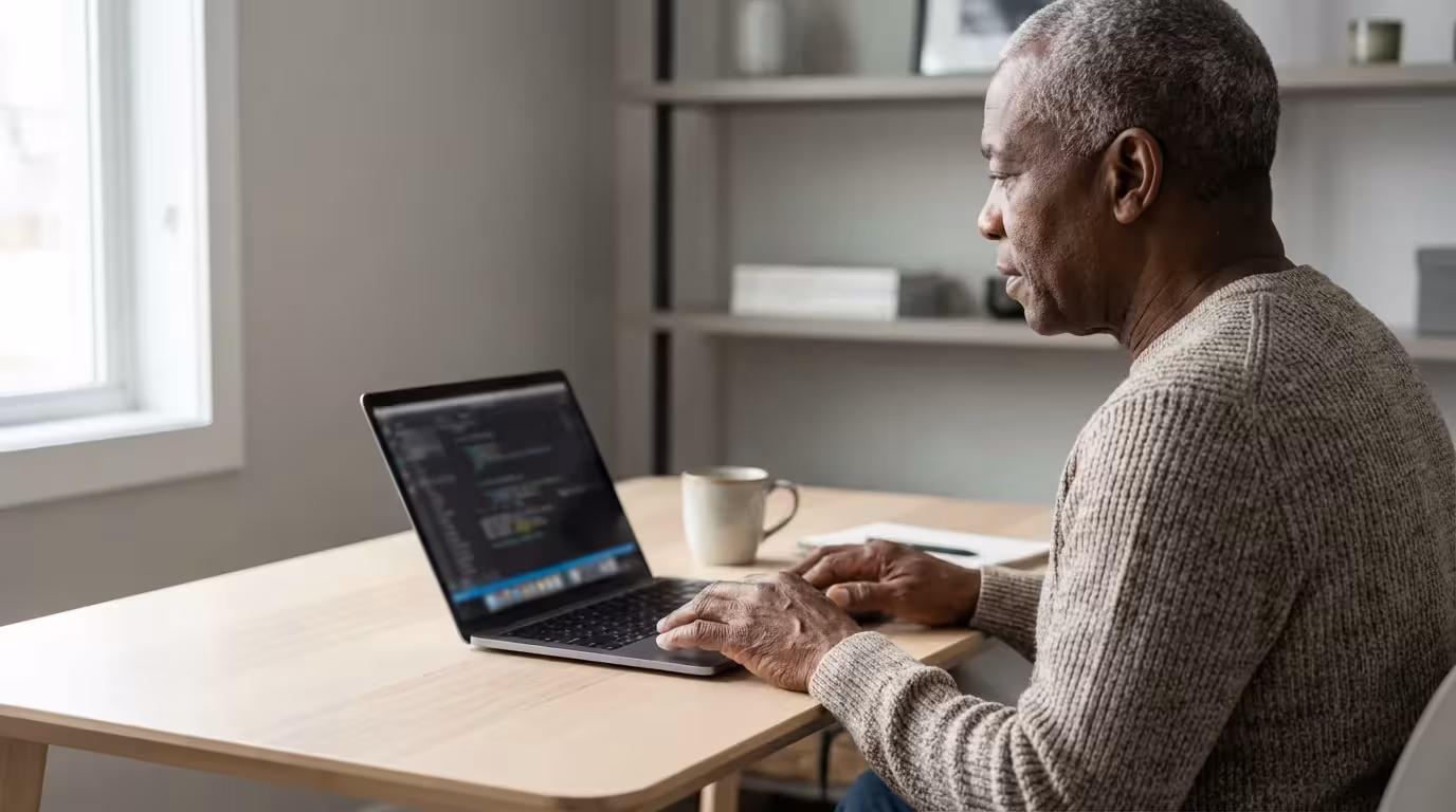Over-the-shoulder view of a senior man at a laptop, focused on digital security.