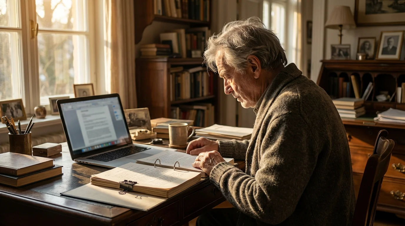 Over-the-shoulder view of a senior man at a desk with a finished manuscript and laptop.