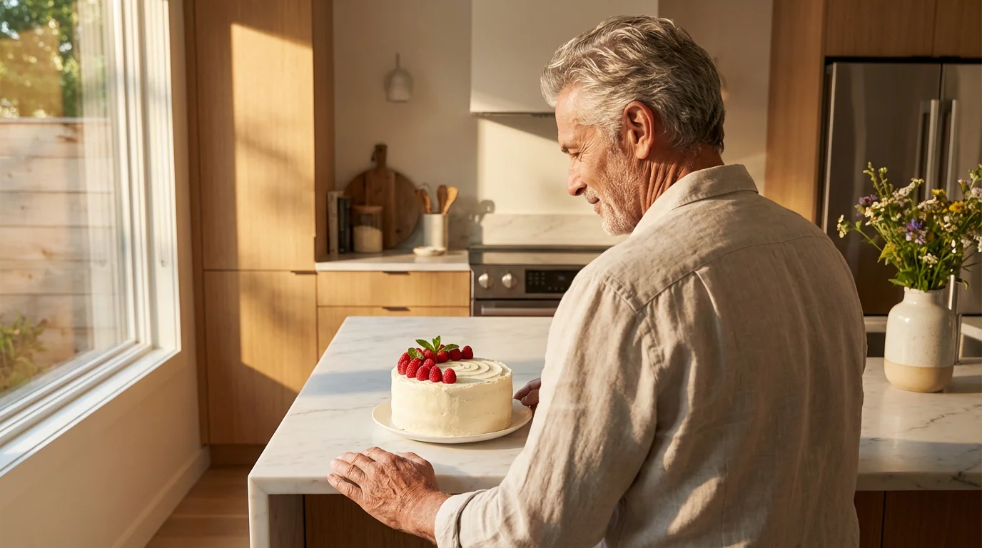 Over-the-shoulder view of a senior man admiring a cake he decorated in a sunlit kitchen.