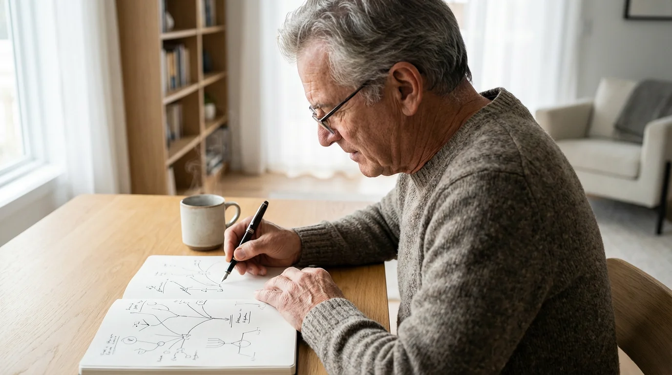 Over-the-shoulder view of a senior man brainstorming ideas in a notebook by a window.