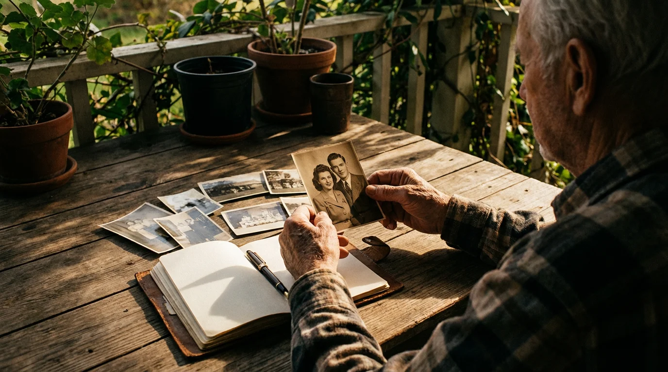 Over-the-shoulder view of a senior man looking at old photographs on a wooden table.