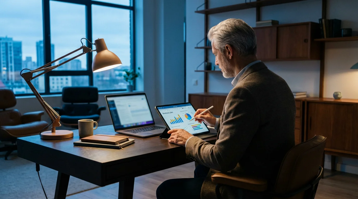 Over-the-shoulder view of a senior man planning his consulting business on a tablet.