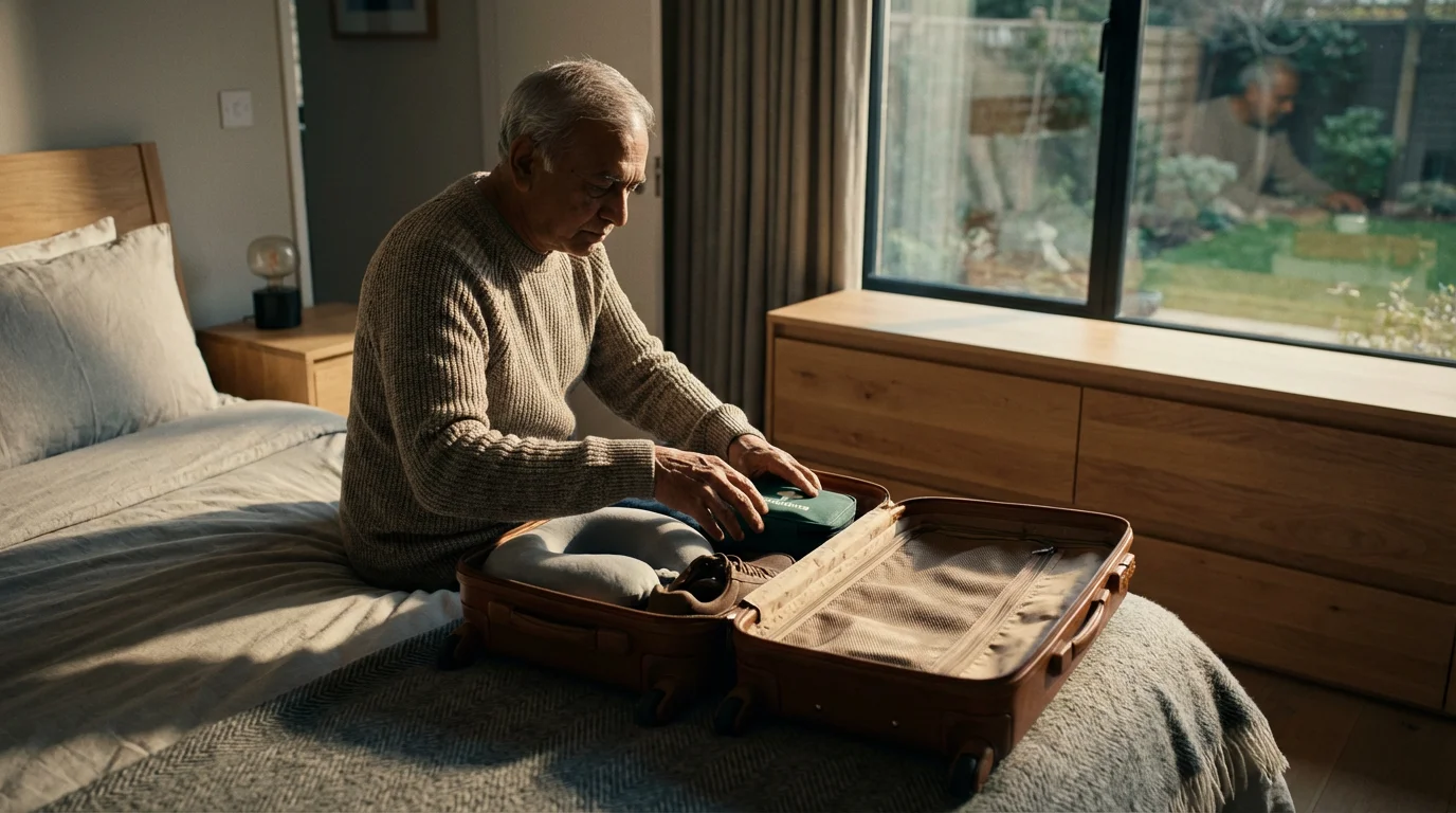 Over-the-shoulder view of a senior man packing a first-aid kit into his suitcase.