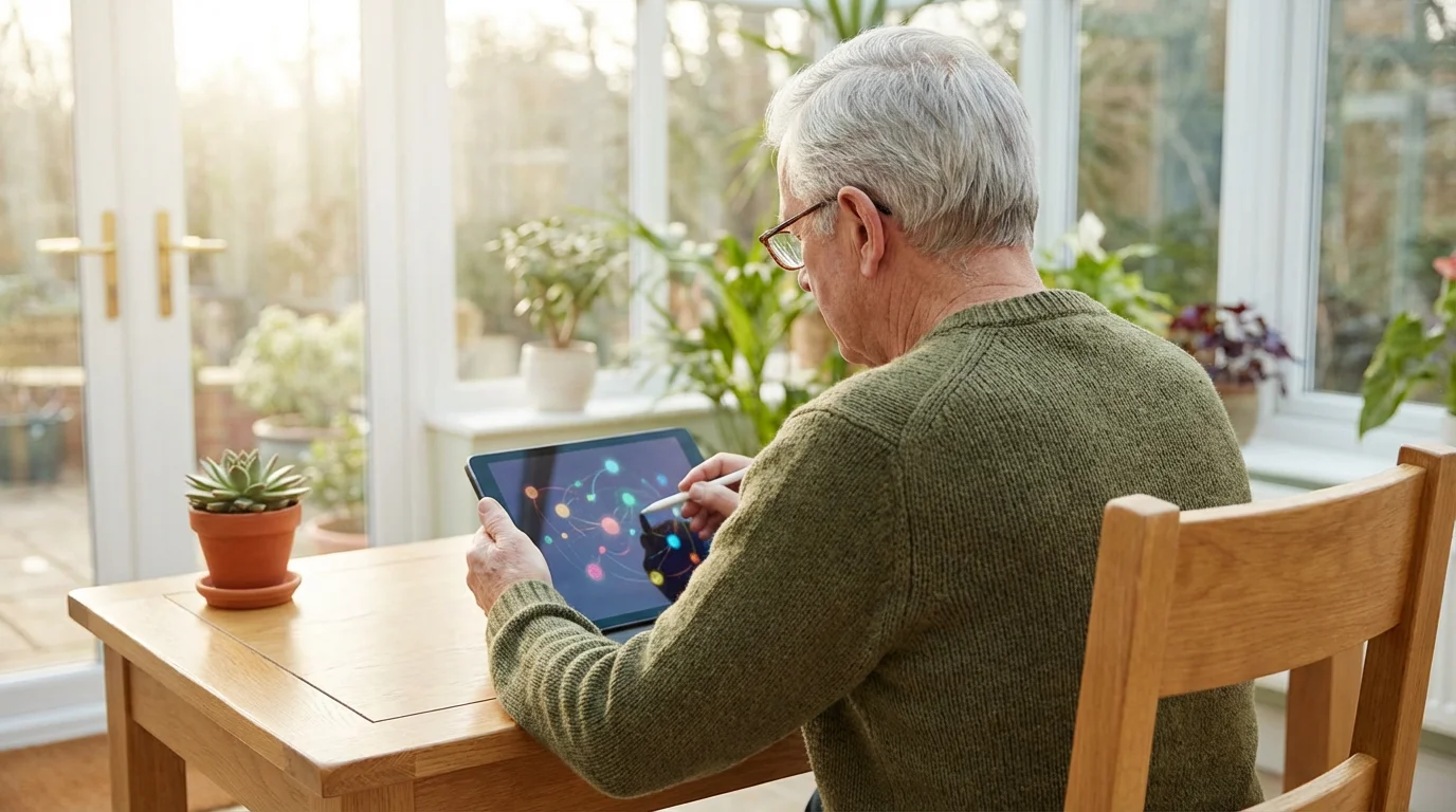 Over-the-shoulder view of a senior man using a stylus on a digital tablet.