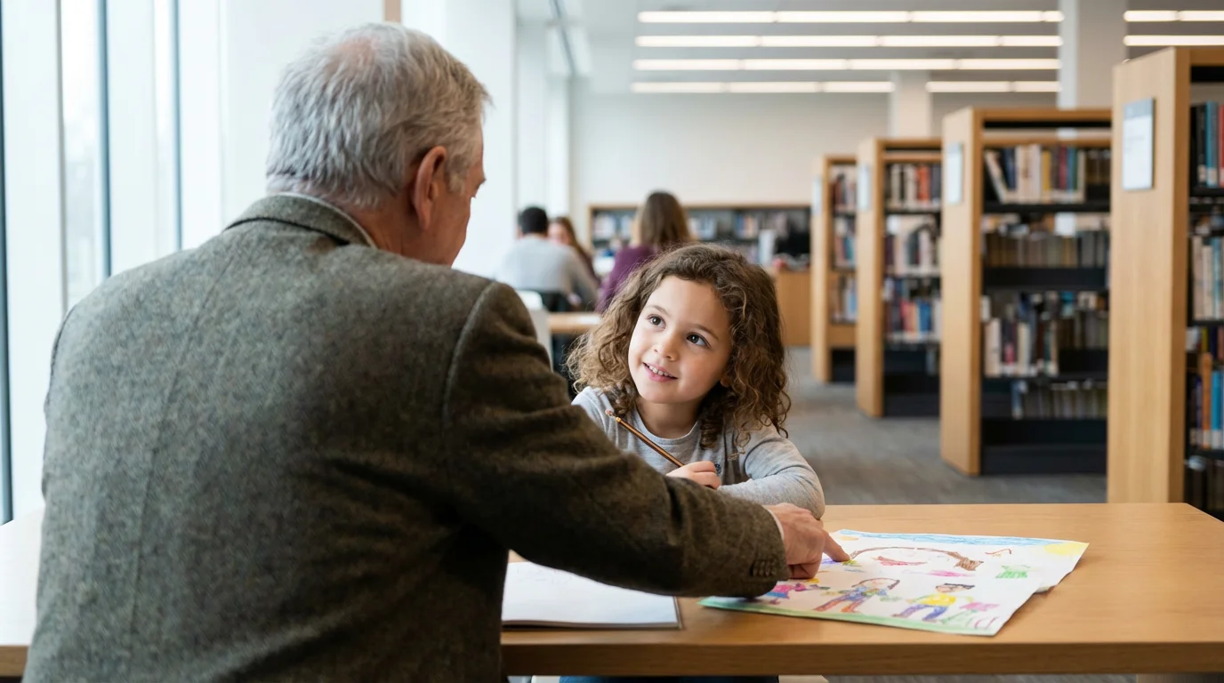 Over-the-shoulder view of a senior man volunteering, tutoring a young child at a library.