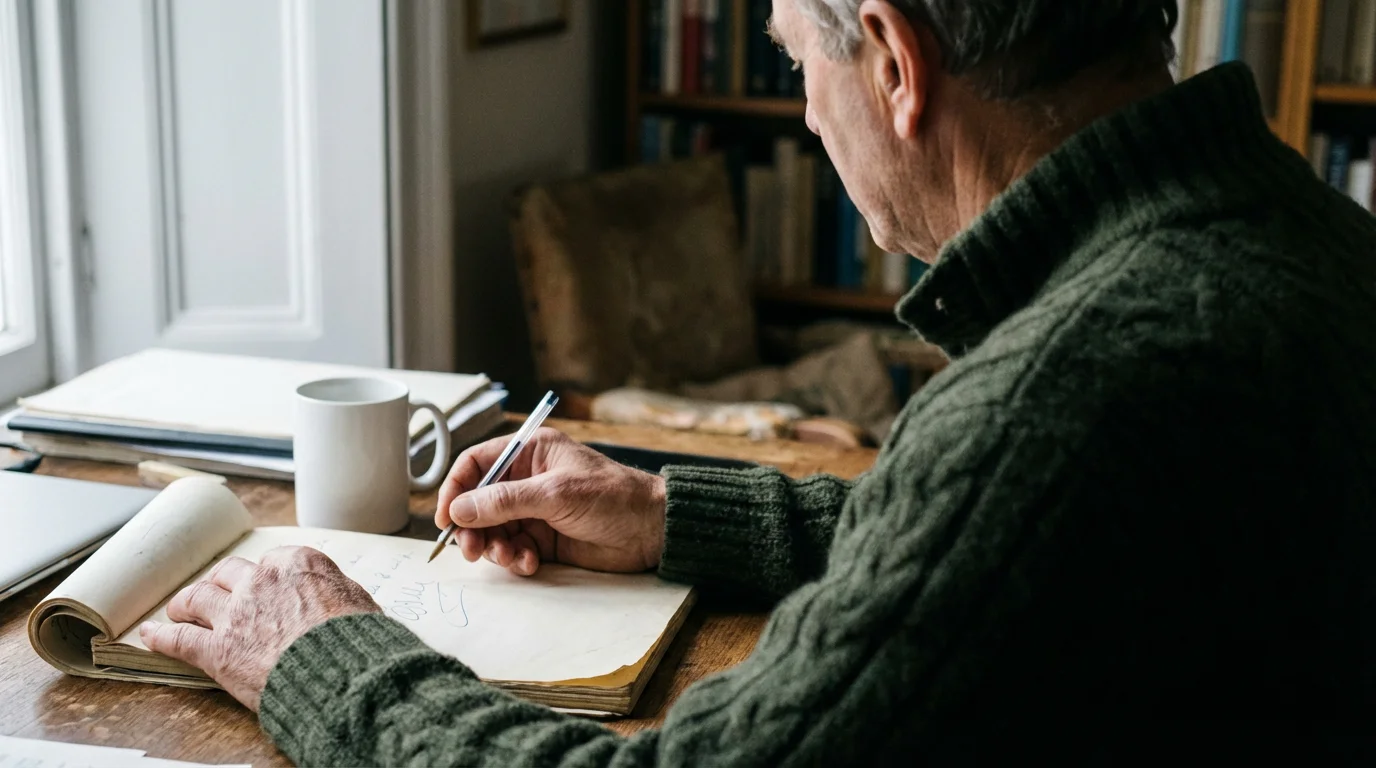 Over-the-shoulder view of a senior man's hands as he starts writing poetry in a notebook.