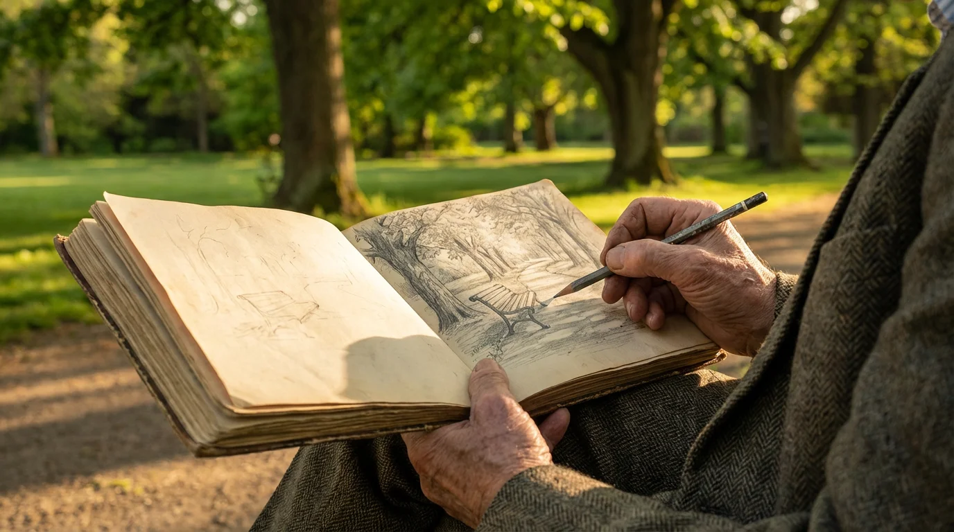 Over-the-shoulder view of a senior person sketching a park bench at golden hour.