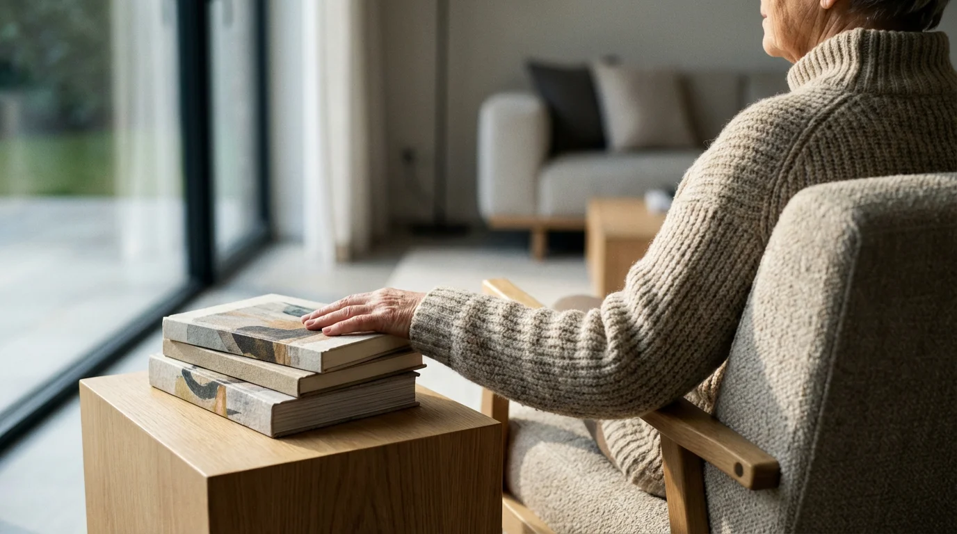 Over-the-shoulder view of a senior person considering a stack of books by a sunlit window.