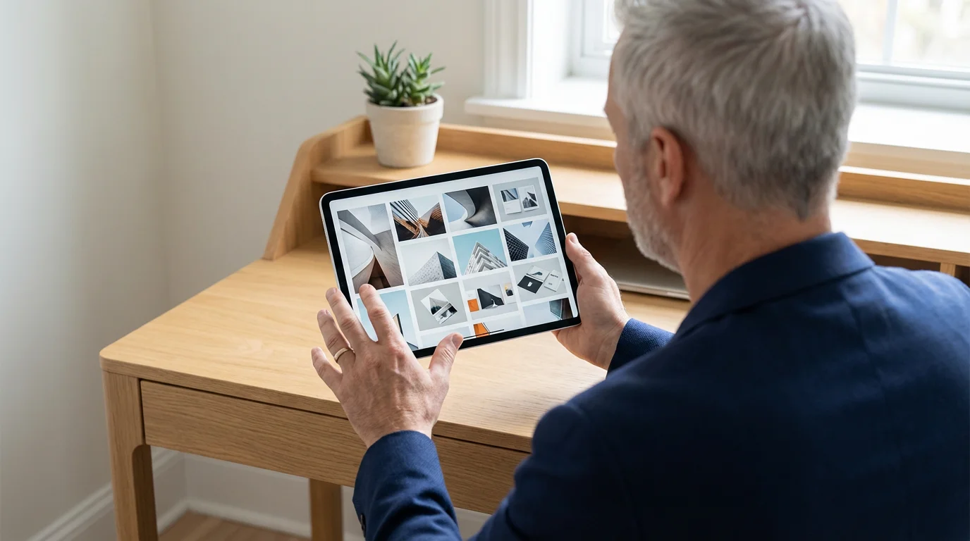 Over-the-shoulder view of a senior professional reviewing a digital portfolio on a modern tablet.