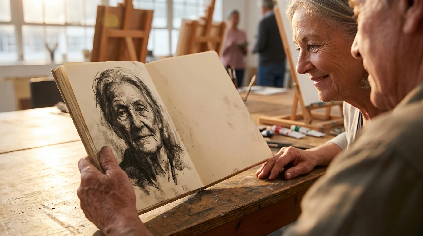 Over-the-shoulder view of a senior sharing a charcoal portrait sketch with a smiling friend.