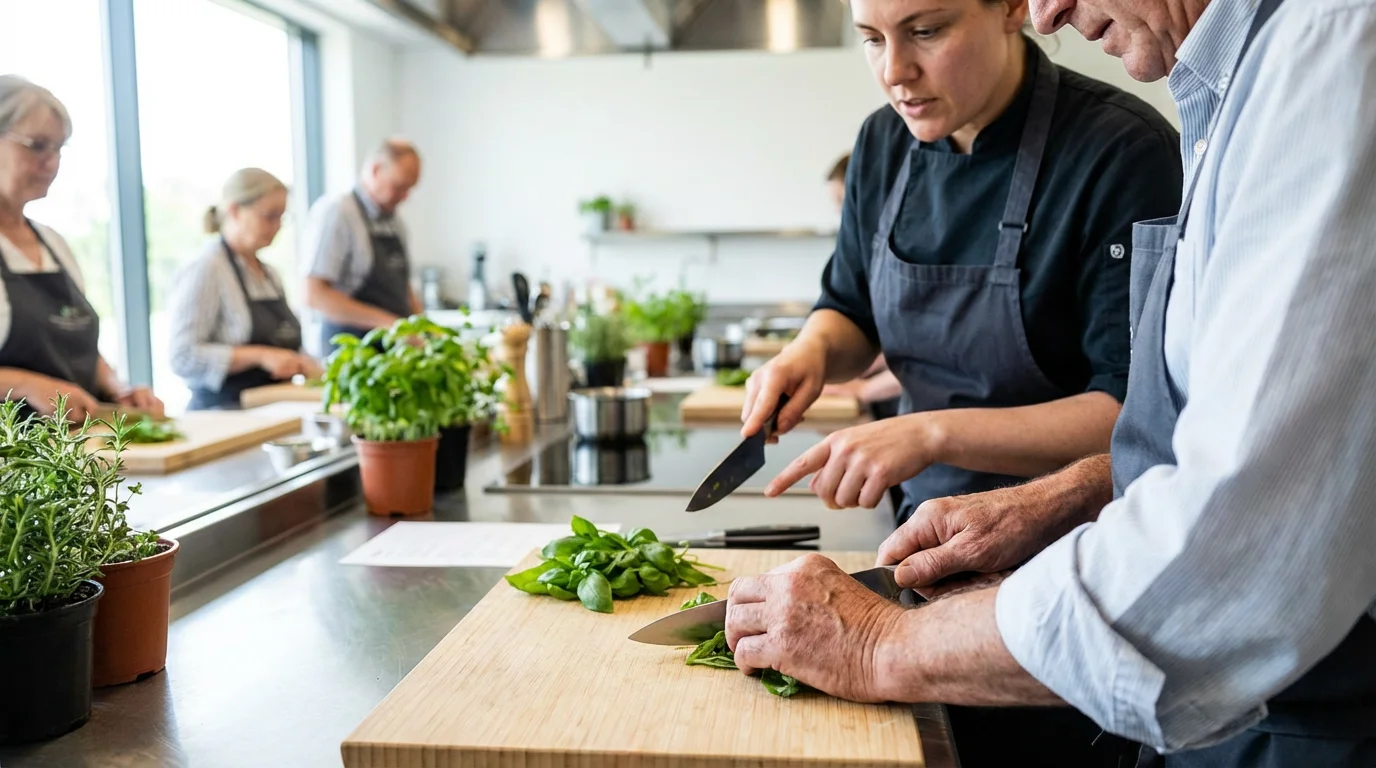 Over-the-shoulder view of a senior student learning knife skills from a chef.