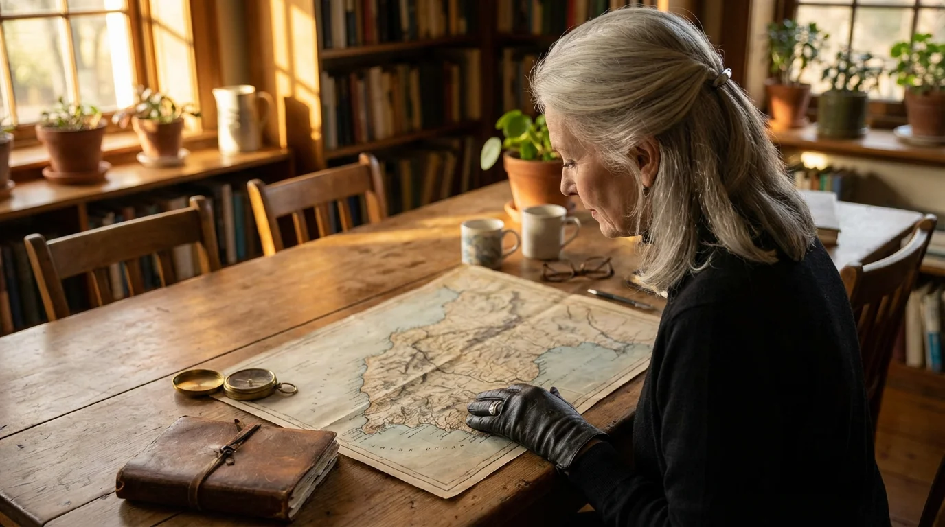 Over-the-shoulder view of a senior woman planning a trip with a map.