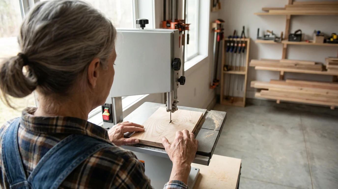 Over-the-shoulder view of a senior woman woodworking in a sunlit home workshop.