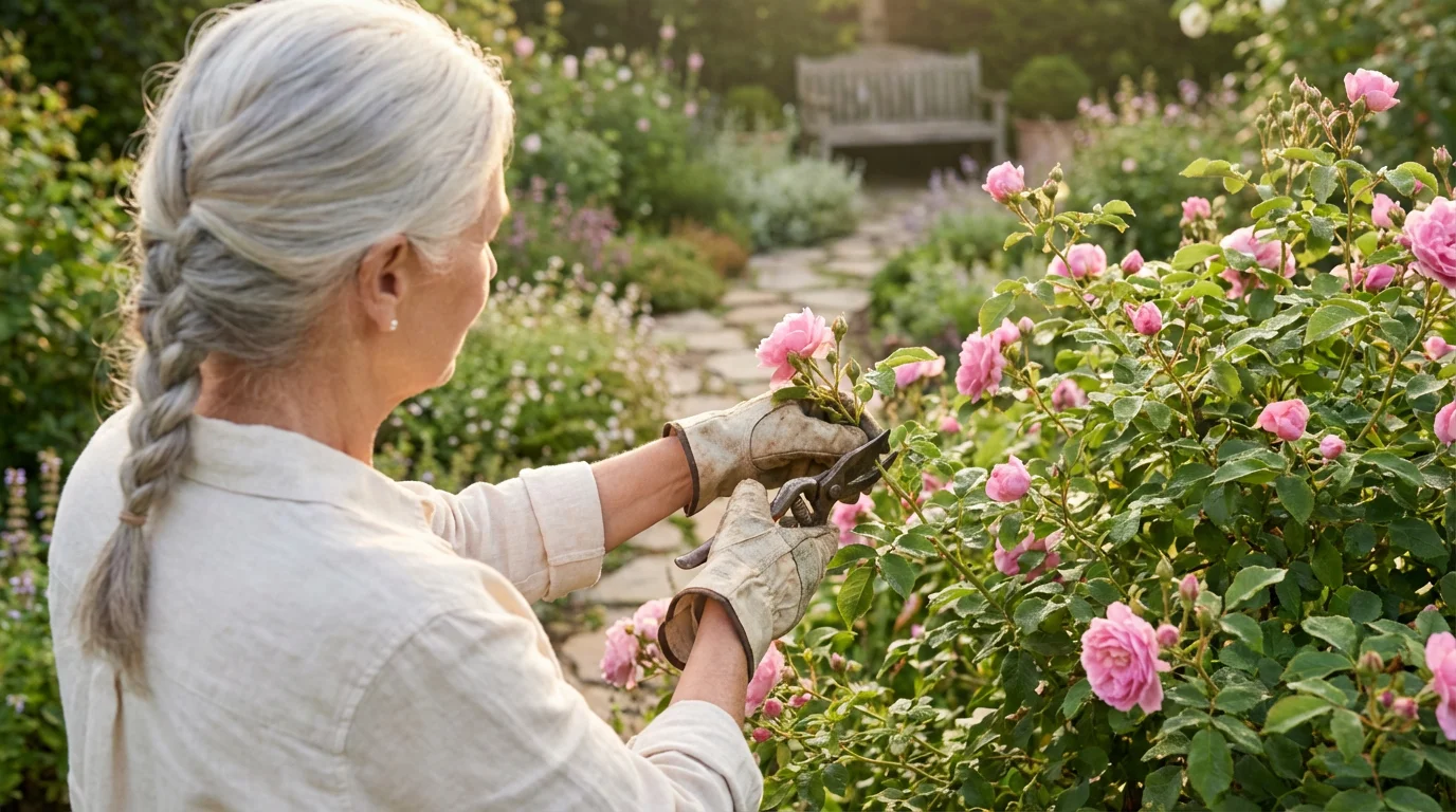 Over-the-shoulder view of a senior woman pruning pink roses in a peaceful morning garden.