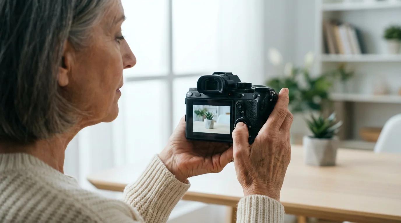Over-the-shoulder view of a senior woman adjusting settings on her mirrorless camera indoors.