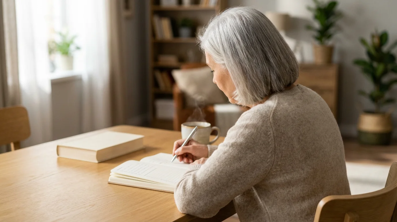 Over-the-shoulder view of a senior woman planning a book club in a notebook.