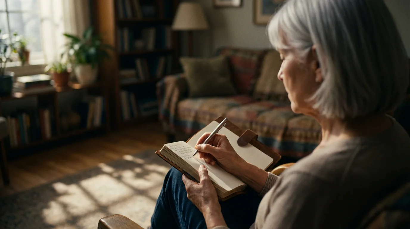 Over-the-shoulder view of a senior woman writing in a journal during a sunny afternoon.
