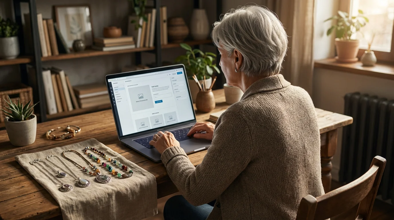 Over-the-shoulder view of a senior woman building her Etsy shop on a laptop.