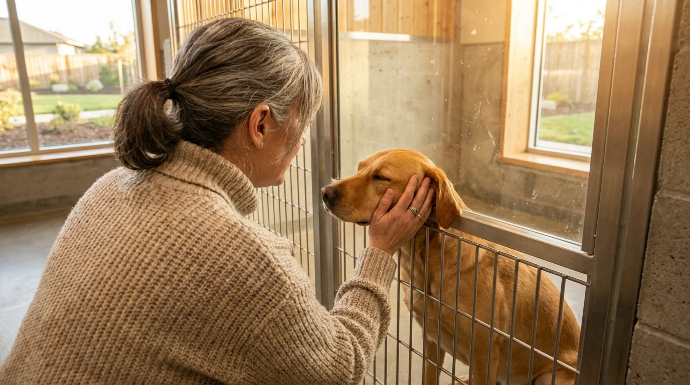 Over-the-shoulder view of a senior woman petting a calm dog in a sunny shelter.