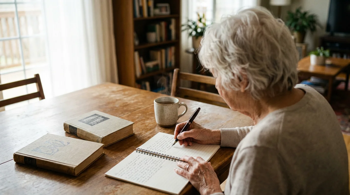 Over-the-shoulder view of a senior woman studying library books at a sunlit table.