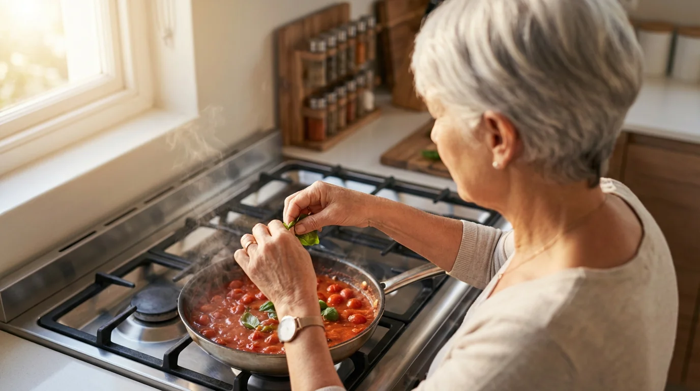 Over-the-shoulder view of a senior woman cooking a fresh tomato sauce at golden hour.
