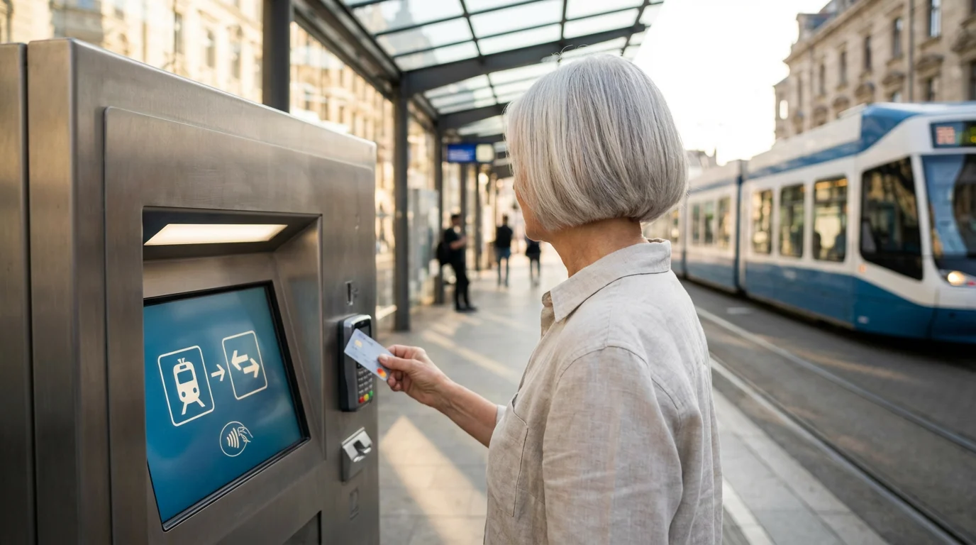 Over-the-shoulder view of a senior woman buying a public transit ticket at a station.