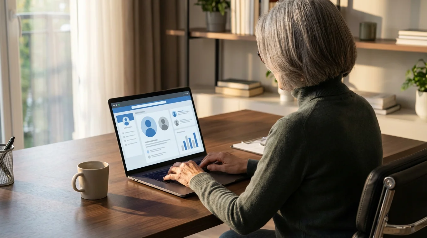 Over-the-shoulder view of a senior woman using a laptop for professional networking.