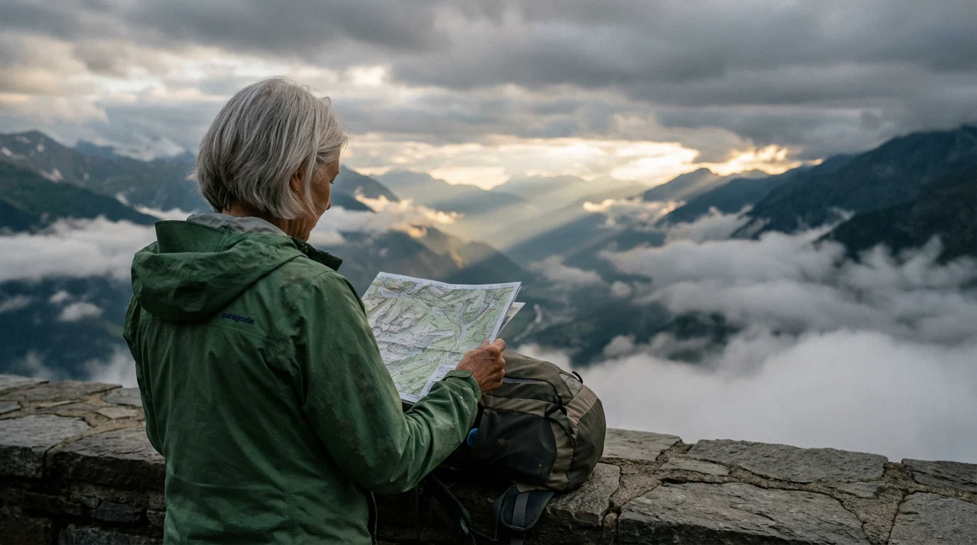 Over-the-shoulder view of a senior woman with a map looking at a mountain valley.