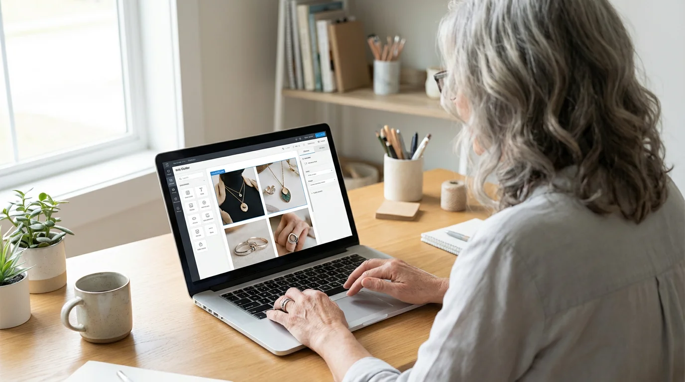 Over-the-shoulder view of a woman building her online store on a laptop.