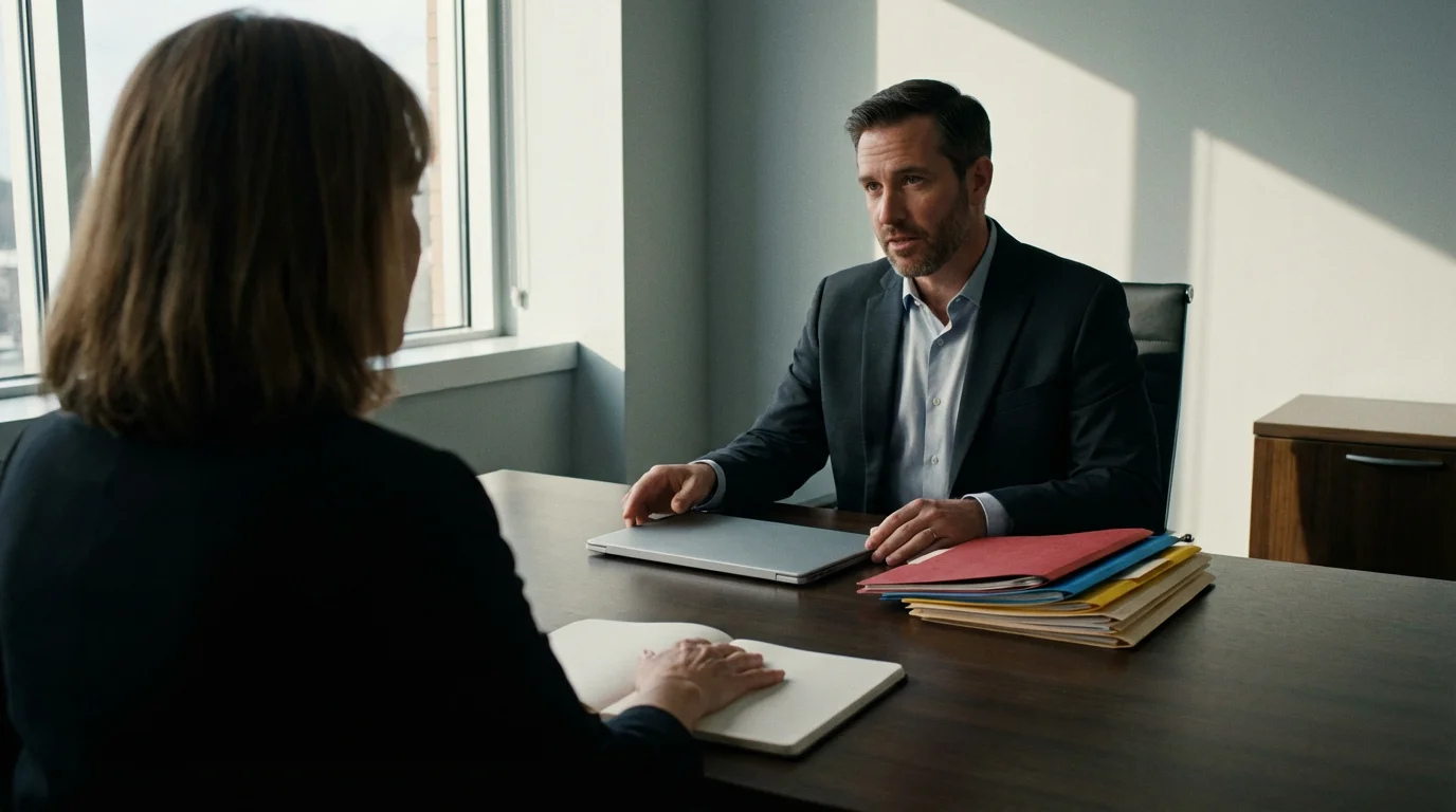 Over-the-shoulder view of a woman meeting with a professional tax advisor in a modern office.