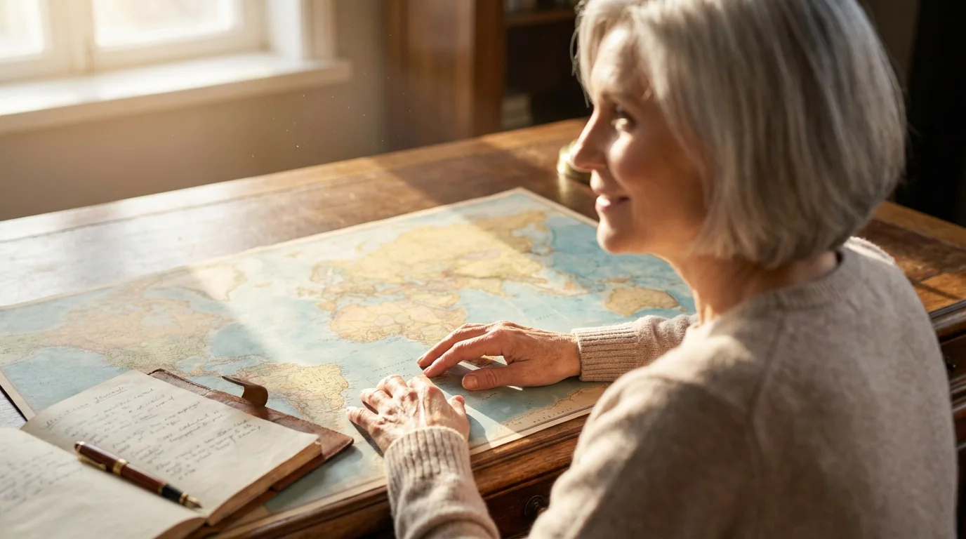Over-the-shoulder view of a woman planning retirement travel with a large world map.