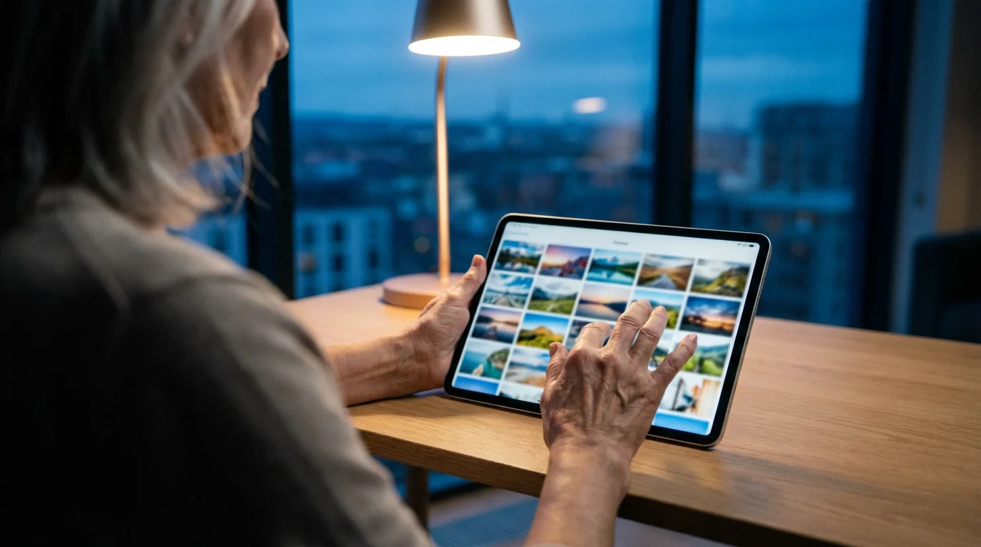 Over-the-shoulder view of a woman scrolling through her photographs on a tablet at dusk.