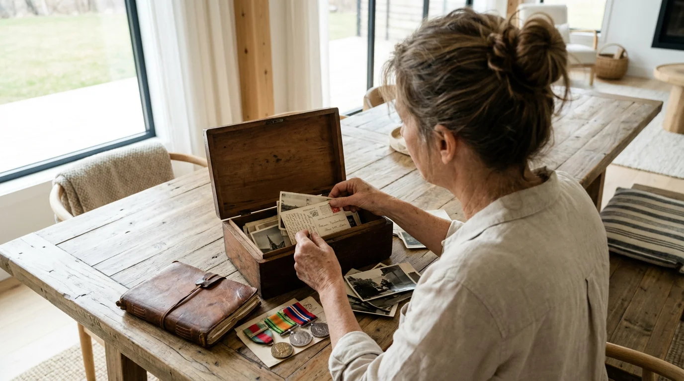 Over-the-shoulder view of a woman sorting through a box of old photographs and memorabilia.
